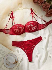 Valentine's Day Burgundy Floral Lace Underwire Lingerie Set – Women's Sexy & Supportive 2-Piece Lingerie - 紅色 - 查看 1