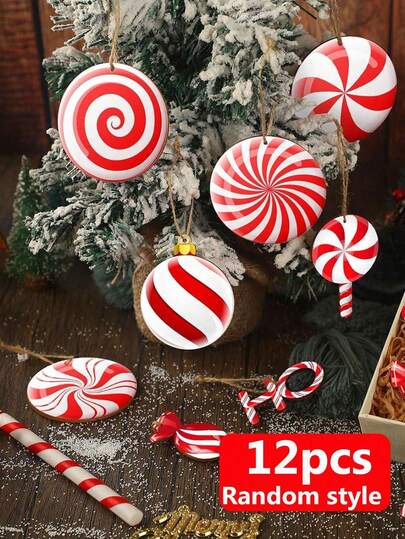 12pcs/Set Christmas Hanging Ornaments, Lollipop Candy Cane Christmas Tree Decorations, Party Holiday Window Display Ornament Accessories, Random Design