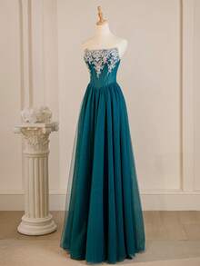 露肩蕾丝贴花礼服，网眼晚礼服，适合毕业典礼、晚宴、派对礼服、婚礼宾客 - 藍色 - 查看 6