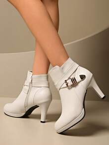 女士欧美风尖头侧拉链高跟踝靴，秋冬季时尚高跟短靴，优雅尖头性感细跟踝靴 - 米色 - 查看 4