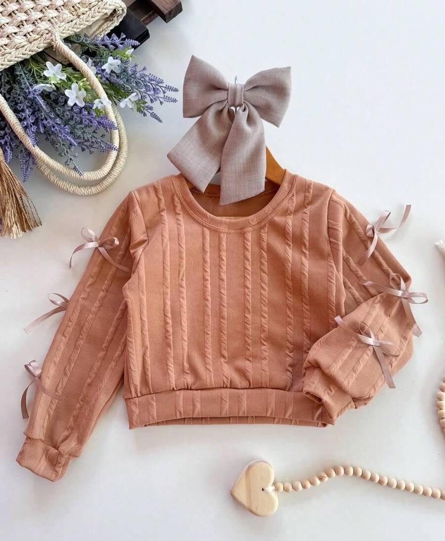 Children's Blouse With Bows On The Sleeves For Girls - 駝色 - 查看 1