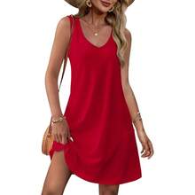 OFEEFAN Womens Summer Dresses 2025 V Neck Sleeveless Sundresses With Pockets Beach Vacation Clothes Floral/Plain - B Plain Red - 查看 1