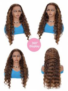 28 英寸蜂蜜金色渐变挑染真人发蕾丝前假发 13x4 透明蕾丝，深水波，180% 密度预拔婴儿头发，适合女士