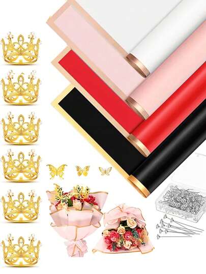 Wedding Bouquet Wrapping Paper Set, White Wrapping Paper With Small Crown, Butterfly Decor And Diamond Pin, Bouquet Wrapping Paper, Bouquet Wrapping Decor, Suitable For Wedding Party, Theme Party, Birthday Party, Anniversary Bouquet Packaging