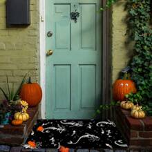 1pc Halloween Skull Pattern Printed Non-Slip Linen Kitchen Rug, Bathroom Mat, Doormat, Home Decor, Halloween Decoration, Halloween Gift, 3D Printed Rectangular, Suitable For Living Room, Bedroom, Hallway, Bathroom, Laundry Room - Polyester Carpet, Indoor & Outdoor Use