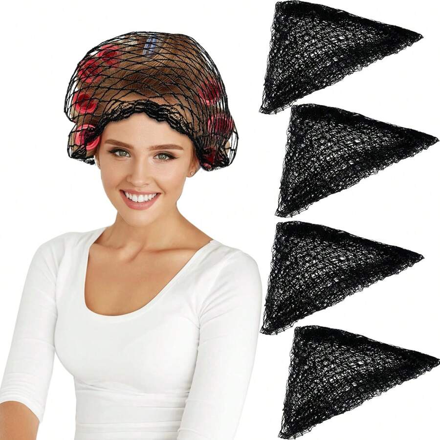 Cotton Triangle Hair Net For Rollers, Women Mesh Hair Net Setting For Sleeping, 35 X 35 X 57 Inches, Black (4) - 彩色 - 查看 1