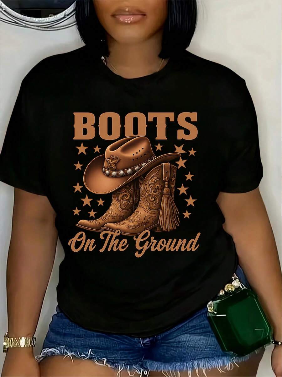 Plus Size Women's Vintage Western Cowgirl Graphic T-Shirt - Cowgirl Boot Design With "Boots On The Ground" Slogan, Soft Breathable Regular Fit Casual Tee For Celebrations & Casual Attire, Retro Short Sleeve Shirt, Ladies T-Shirts, Festive Print Top, Comfortable Fit Top - 黑色 - 查看 1