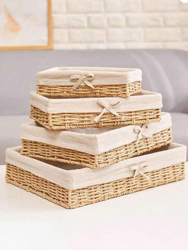 1 pezzo/4 pezzi Scatola portaoggetti da scrivania, porta cosmetici, porta chiavi, porta spuntino, tavolino da salotto, per l'ingresso, uso domestico, cestino intrecciato in rattan, scatola intrecciata