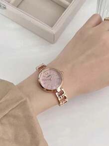 1 pieza Reloj de mujer con cara de diamante redonda, elegante y de moda. Correa de cadena de aleación versátil de acero. Reloj de cuarzo adecuado para fiestas, bodas y uso diario, el mejor conjunto de regalo para mujeres.