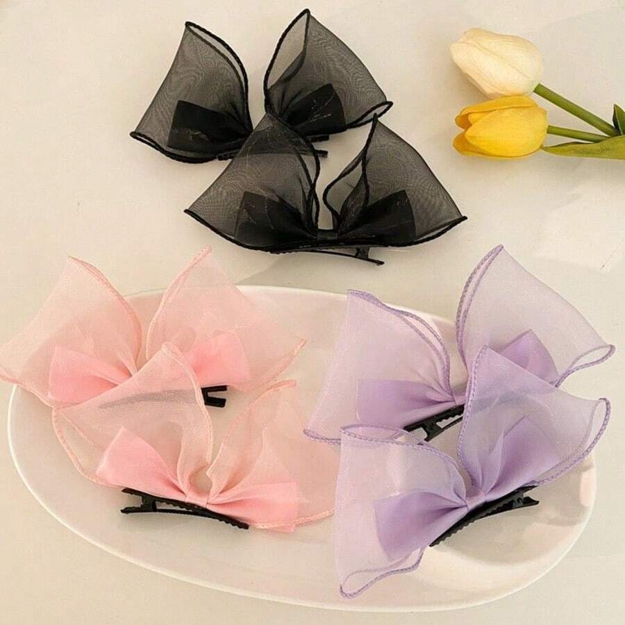 2pcs/Set Cute 3D Bow Rabbit Ear Mesh Hair Clips, Korean Style Princess Hair Clips For Women, Hair Slide, Hair Barrettes