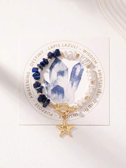 1 Pc Natural Stone Chips Faux Pearl Starfish Charm OT Buckle Beaded Bracelet For Women , Gift Card Packing Bracelets