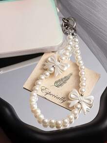 珍珠串珠手机挂绳，配蝴蝶结吊坠，设计优雅的手机腕带 - 白色 - 查看 5
