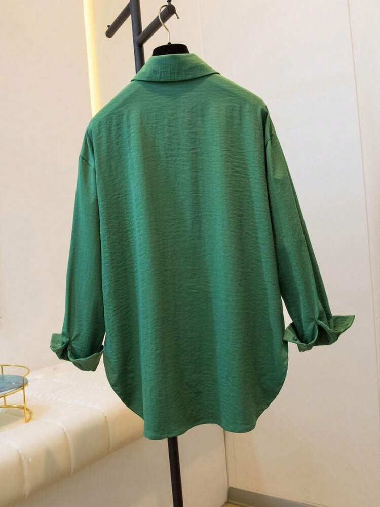 极简翻领长袖宽松女式衬衫外套，采用衬衫领和不对称下摆设计 - 軍綠色 - 查看 6