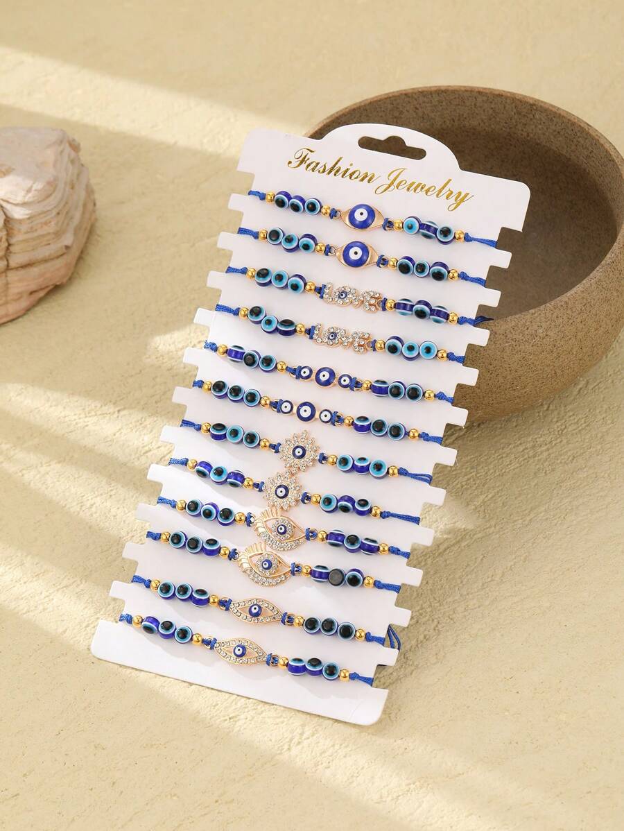 12pcs/Set Women's Casual Zinc Alloy & Rhinestone Evil Eye Bracelets