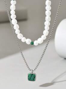 2PCS Fashion Turquoise Pendant Men's Beaded Stainless Steel Necklace Casual Versatile Jewelry, Party Jewelry, Boyfriend Gift, Valentine's Day Gift, Father's Day Gift - Multicolor - View 4