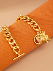 1 pieza Pulsera con colgante de oso y corazón con broche tipo OT, apta para uso diario, regalo de amigo, regalo festivo