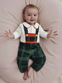 Baby Boys 2Pcs Gentleman Outfits Long Sleeve Shirt + Plaid Overalls Pants Set Christmas Clothes - 綠色 - 查看 5