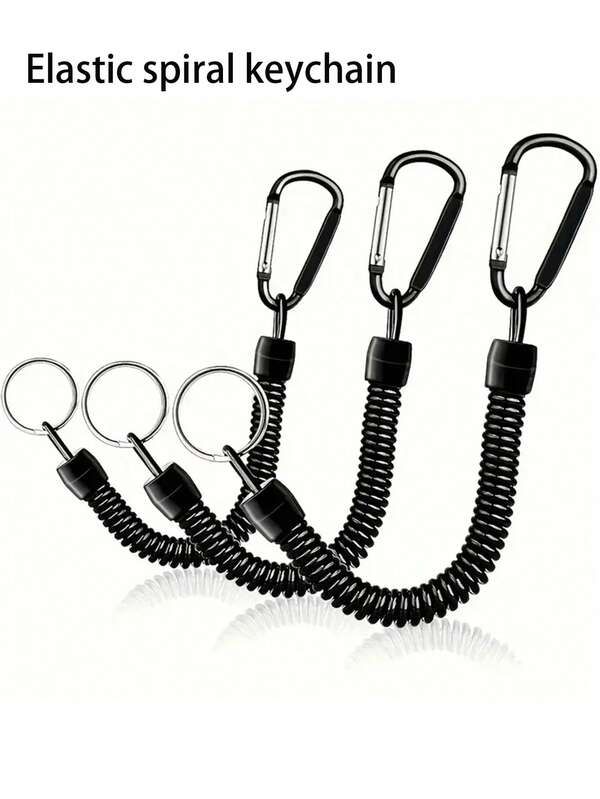 1 Stück Schwarzer elastischer spiralförmiger Schlüsselanhänger-Set mit Karabiner - ausziehbarer Outdoor-Haken, 15 Lb Zugkraft, Stahldrahteinsatz, Aluminiumlegierung, ideal für Camping und Wandern, Schulmaterial, Schulanfang