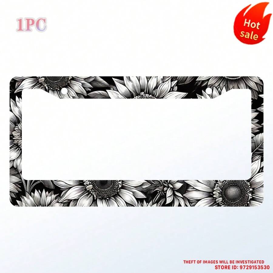 1PC Sunflower License Plate Frame Personalized Black White Floral License Plate Frames Auto Accessory Bracket License Plate Holder With Screws Women Men 6x12 Inch 2 Holes - 12x6 inch - Xem 1