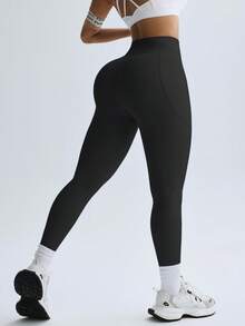 TCVC Women High Waist Pocket Yoga Leggings, Solid Color, Comfortable, Skin-Friendly Breathable, Abdominal Design, Gym Workout Tights, All-Season Sports Black Spring - Black - View 4