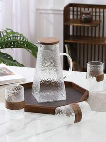 1 套 1500L 耐热玻璃水壶，带托盘和杯子，现代胡桃木色水壶和果汁瓶套装，适合派对和所有季节