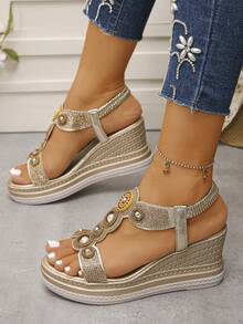 Bohemian Platform Wedge Sandals, Summer 2025 New High Heel Thick Bottom Roman Chunky Heels - Gold - View 3