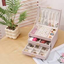 三层大容量首饰盒，带可锁镜面盖和可拆卸绒布内衬托盘，便携式旅行首饰收纳盒，多隔层设计，可收纳戒指、耳环、手镯和手表，PU皮革礼盒，磁扣带提手，可堆叠放置于桌面、梳妆台抽屉、浴室台面等处，优雅展示包装，适合作为生日礼物。 - 彩色 - 查看 14