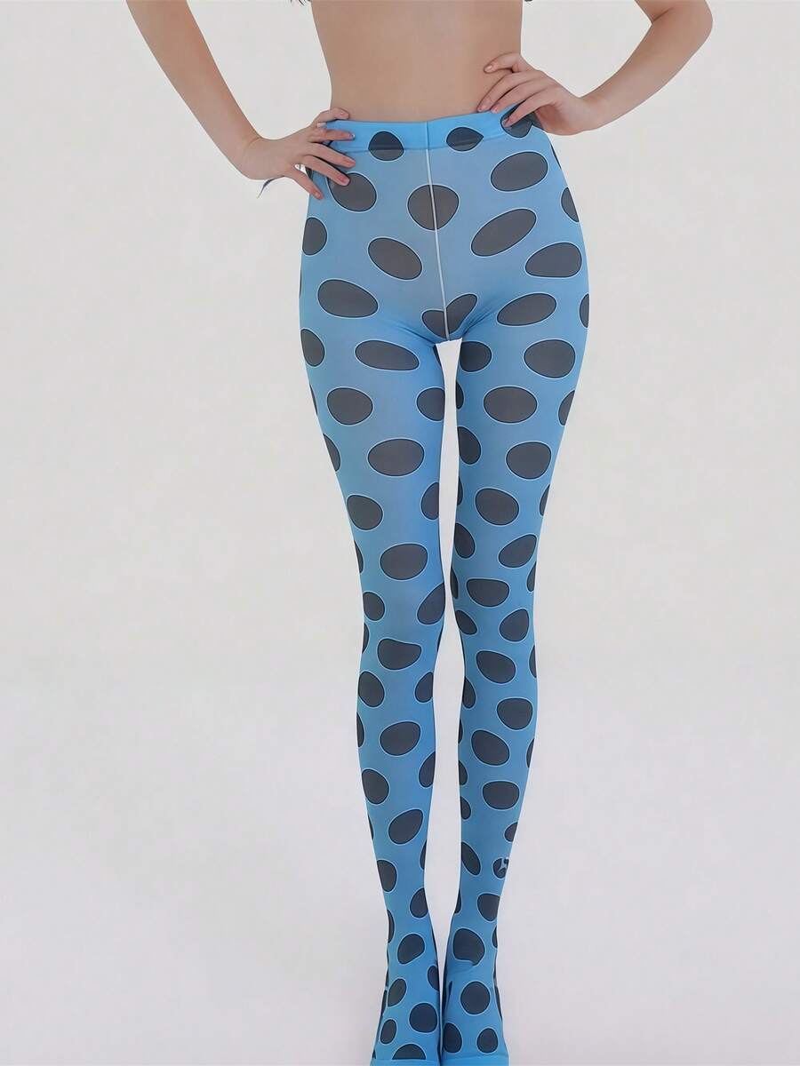 Vintage 60s Dots Swirl Printed Funky Tights For Women Y2K Tie Dye Mesh Pantyhose Skinny Body Shaping Leggings Club Party Streetwear - 藏蓝色 - 查看 1