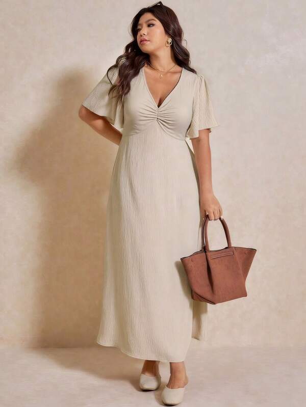 Damen Große Größen Kleid in Unifarbe mit Jeans-Optik, Puffärmel und Dekor an der Knopfleiste