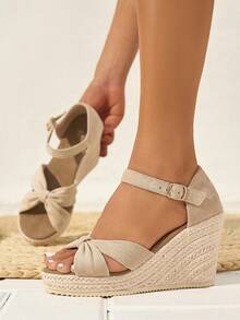 Giày sandal đế xuồng cao gót cho nữ, đế dày, kiểu dáng châu Âu và Mỹ, gót chunky, dệt, thoải mái, màu mơ, thích hợp cho trang phục mùa xuân hè. - Màu be - Xem 4