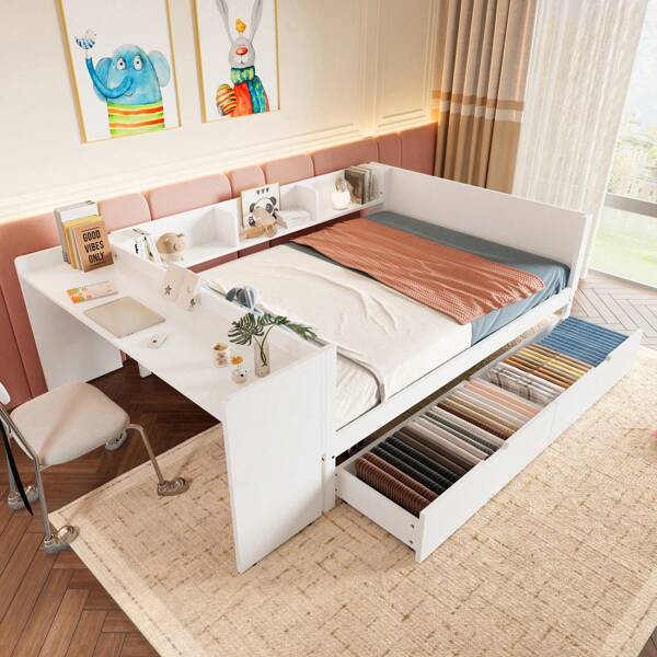 Vlak bed, houten bed met multifunctioneel design, planken en twee lades voor de structuur, grenen + spaanplaat, opbergruimte en werkcomfort
