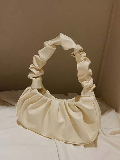 1pc Girls' Fashionable Ruched Hand-Held Tote Bag, Suitable For Daily Outings