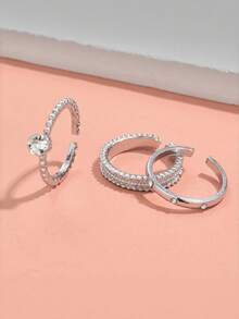 3件套女孩简约设计锆石镶嵌开口戒指，时尚百搭配饰。佩戴时请轻柔打开。 - 銀色 - 查看 3