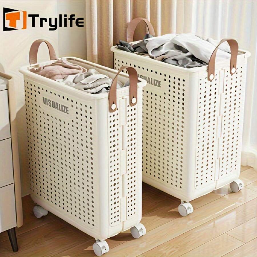 Large & Medium Foldable Ceramic White Laundry Baskets - Pu Leather, Hand Washable, Solid Color, Multi-Functional Portable Dirty Clothes Hamper With Wheels For Bathroom & Balcony Storage - 白色 - 查看 1