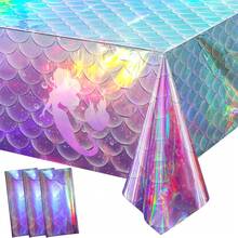 1/3pcs Mermaid Rainbow Plastic Tablecloth, Holographic Mermaid Tablecloth Disposable Tablecloth For Girls Birthday Wedding Disco Holiday Mermaid Theme Party Decoration - Multicolor - View 2