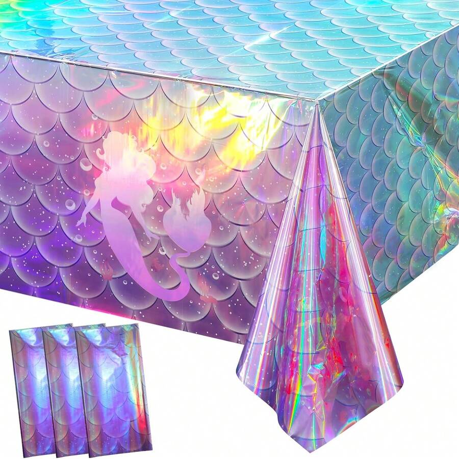1/3pcs Mermaid Rainbow Plastic Tablecloth, Holographic Mermaid Tablecloth Disposable Tablecloth For Girls Birthday Wedding Disco Holiday Mermaid Theme Party Decoration