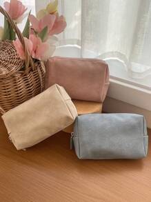 Japandi Style Solid Color Makeup Bag, Large Capacity, Soft Fabric, Zipper Closure, Minimalist Retro Cosmetic Bag For Home, Travel, Outdoor Use, Women