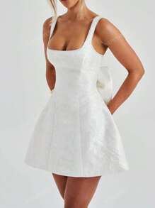 Vestido de verano de mujer WOWDARK de cuello cuadrado con lazo decorativo y tirantes de línea A