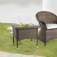 20" Patio Side Table, Outdoor Patio Wicker Square End Table, All-Weather Rattan Coffee Table W/Glass Tabletop For Backyard Deck Porch Poolside, Brown - 棕色 - 查看 4