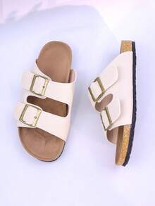 1 Pair Unisex Teenagers/Couples Metal Buckle Comfortable Flat Open Toe Sandals, Fashionable For Daily Wear - Beige - View 5