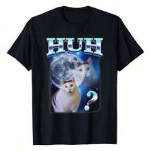 Funny Cats Huh Funny Cat Meme Sarcastic Silly Cute Cat Humor T-Shirt Women Unisex Men S Cotton Short Sleeve T-Shirt, Perfect For Summer Adventures, 100_ Soft Fabric, Ideal For Sports, Work, And Relaxation - 黑色 - 查看 1