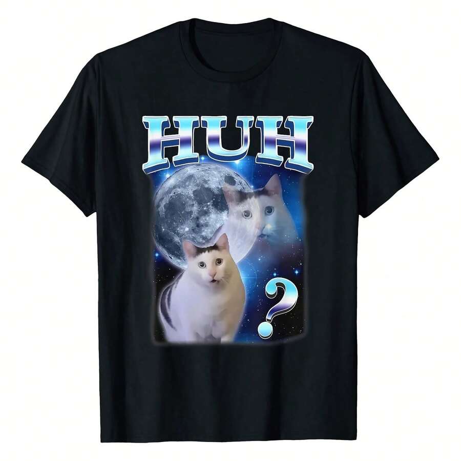 Funny Cats Huh Funny Cat Meme Sarcastic Silly Cute Cat Humor T-Shirt Women Unisex Men S Cotton Short Sleeve T-Shirt, Perfect For Summer Adventures, 100_ Soft Fabric, Ideal For Sports, Work, And Relaxation - 黑色 - 查看 1