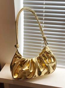 Bolso de mano de mujer de color sólido con pliegues dorados en forma de nube de estilo PU, simple y dulce. Bolso de hombro, bolso cruzado. Adecuado para compras, monedero, estudiantes, mujeres jóvenes, mujeres de oficina. Perfecto para la oficina, la universidad, el trabajo, los negocios, los desplazamientos, las actividades al aire libre, los viajes y los picnics.