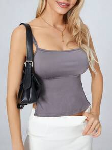 Womens Summer Mini Skinny Sling Vest Solid Color Sleeveless Backless Tie Up Crop Tops Spaghetti Strap Camisoles - Grey - View 8