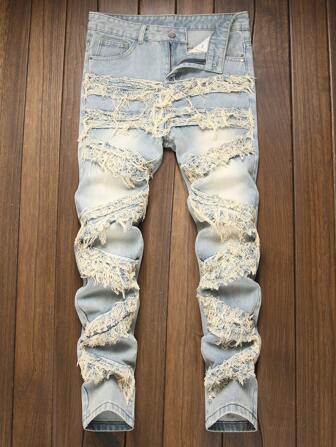 Men's Fashion Embroidered Tassel Jeans, Streetwear Tassel Denim Pants, Emo Style