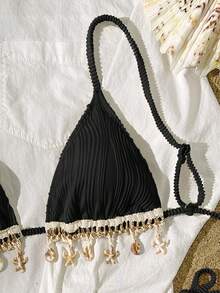 Women's Solid Color Beach Vacation Textured Fabric Shell Strap Triangle Cup Bikini Set - Black - View 4