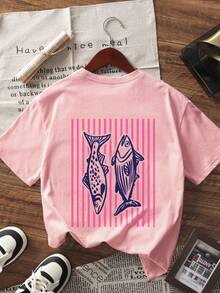 青少年女孩热带印花短袖 T 恤，舒适时尚的学生青年服装，女孩最喜欢的休闲夏季上衣 - 粉色 - 查看 4