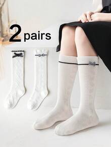 2双公主风荷叶边蝴蝶结装饰图案女童过膝袜 - 白色 - 查看 11