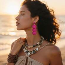 Raffia Dangle Earrings Women - Boho Statement Rattan Drop Jewelry With Design, Lightweight Summer Beach Accessories - Hot Pink - View 2