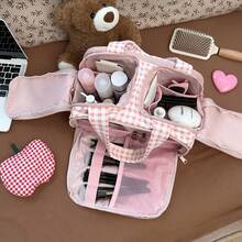 Neceser impermeable de gran capacidad, ligero y de gran apertura para mujer, organizador de maquillaje y cosméticos con asa para accesorios, artículos esenciales y artículos de tocador. - Rojo y blanco - Ver 1